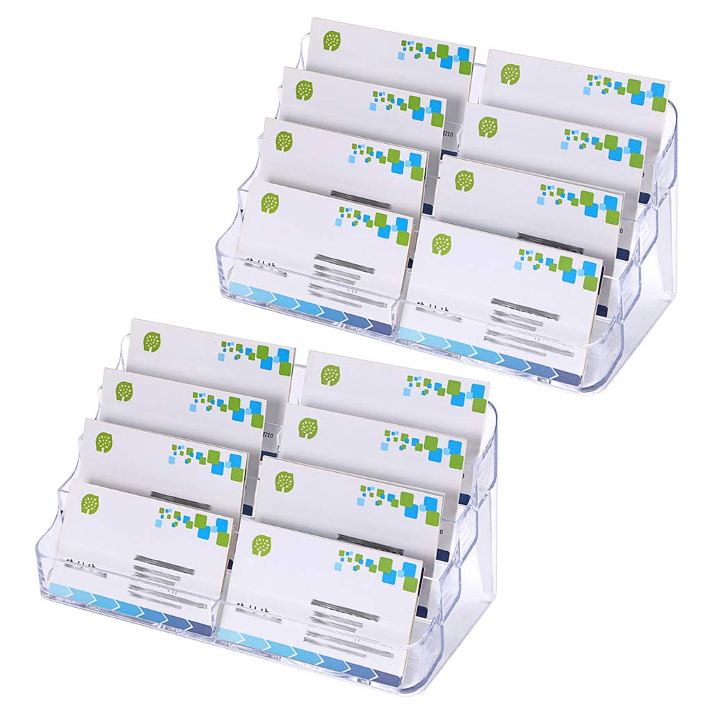 BTSKY 2 Pcs Acrylic Business Card Holders - 8 Pocket Desktop Clear Business Card Stands Countertop Acrylic Index Card Organizer for Desk Tidy Office Accessories