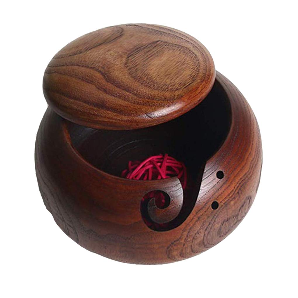 6.3 Inches Handmade Wood Yarn Storage Bowl with Lid - Knitting Crochet Accessories - Crafted Wooden Weaving Thread Bowl with Carved Holes and Drills Holes #1