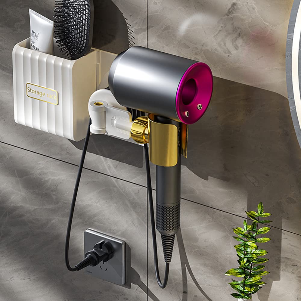 Hosoncovy Hair Dryer Wall Mount Holder with Storage Box with Swivel Arm Holder,Free Your Hands (White)