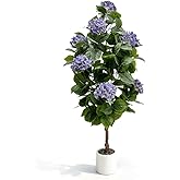 MDJTT 5ft Faux Hydrangea Tree, Artificial Hydrangea Tree Indoor, Fake Silk Hydrangea Plant with Light Purple Flower, Potted Flower Tree with White Planter for Home Office Yard Garden Wedding Decor