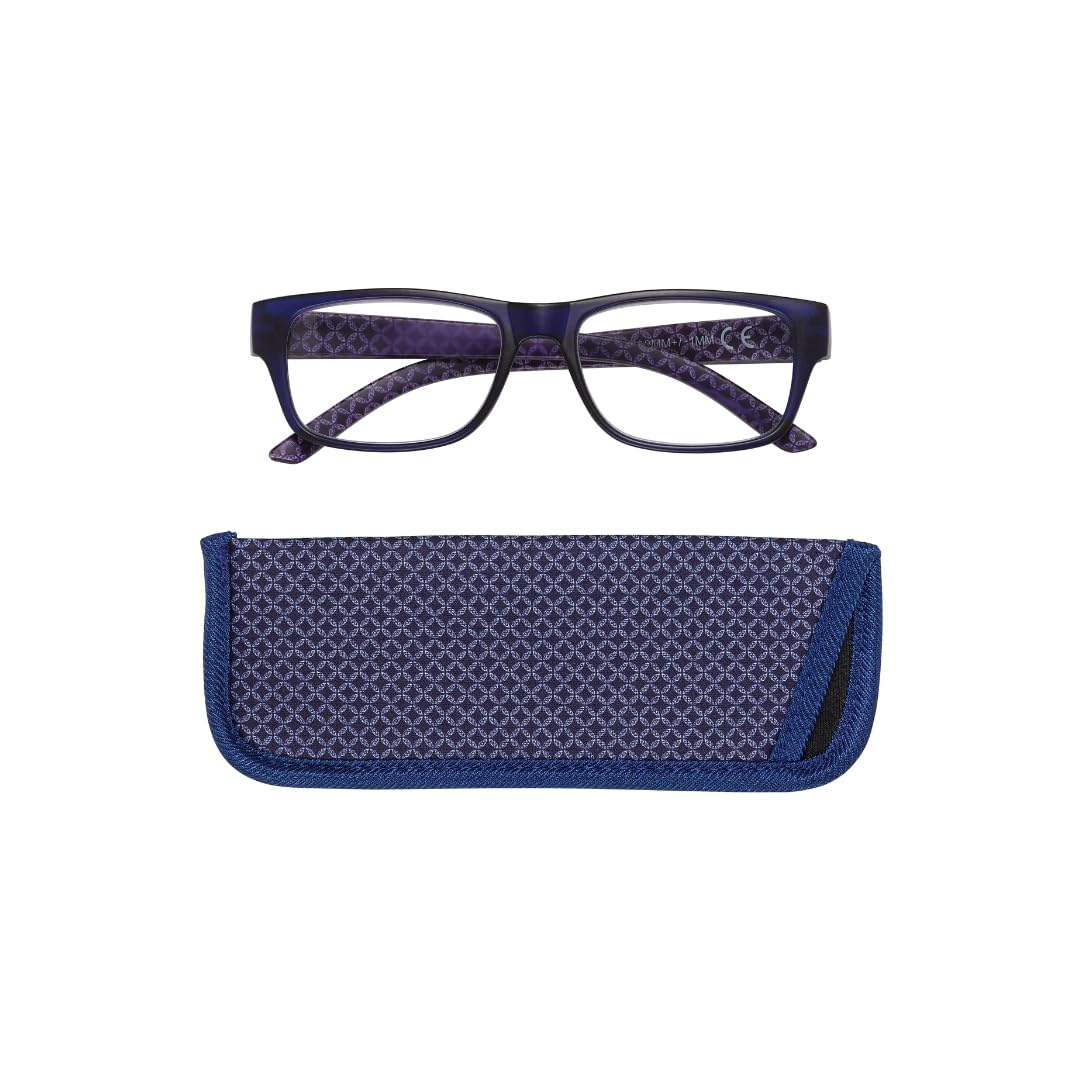 Manicare Reading Glasses For Men And Women, Comfortable Lightweight With Strong Comfort Flex Hinges, Anti-Glare Lenses, Matt Blue Rimmed Frames With Geometric Print Arms Glasses Pouch, +1.5 Strength