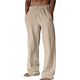 BUXKR Men's Linen Pants Beach Casual Cotton Summer Lightweight Elastic Waist Drawstring with Deep Pockets