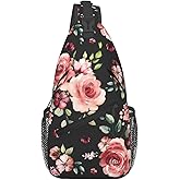 LOSTORCHI Floral Pattern Crossbody Sling Bag for Women Men Watercolor Blossom Rose with Green Leaves Travel Sling Backpack Casual Shoulder Bag Cute Spring Flower Print Gym Sports Hiking Daypack