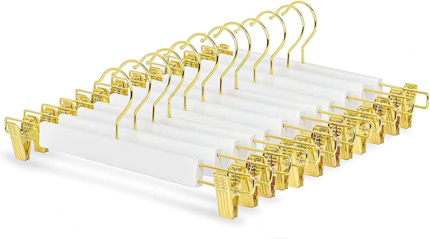 Amber Home 36cm White Wooden Pants Hangers, Smooth Wood Skirt Hanger Organizer with Adjustable Anti-Slip Gold Clips, Space Saving Solid Clothes Hangers for Bottoms Jeans Slacks Trousers (Gold 10)