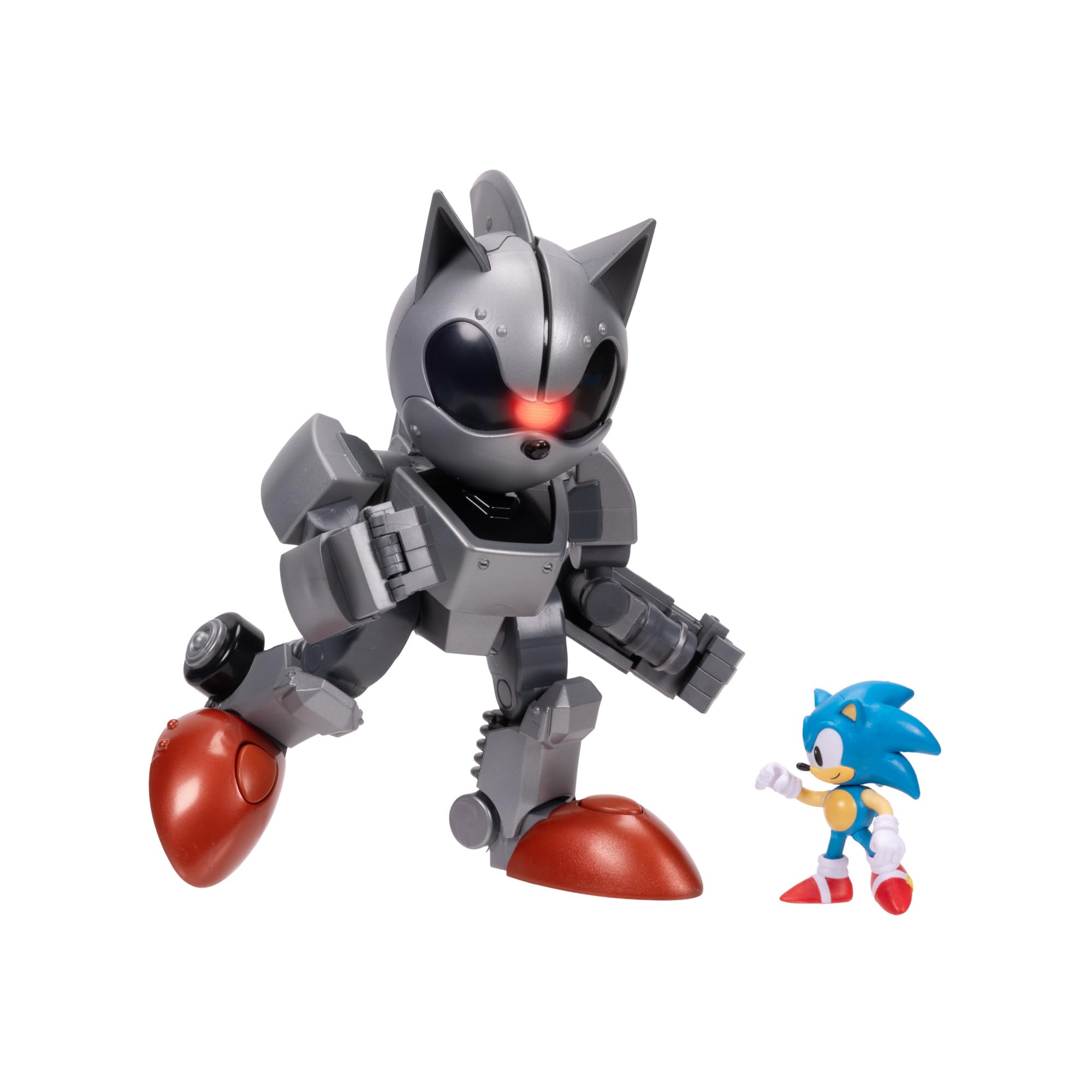 Sonic The Hedgehog Giant Mecha Sonic Vs Sonic Officially Licensed by Jakks Pacific, 8" / 20.3 cm Tall Play Set, Highly Articulated with Light-Up Features, Sonic Figure Included, For Boys