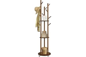 VASAGLE Freestanding Coat Rack Stand, Coat Tree with 11 Hooks, 3 Shelves, 4 Removable 360° Swivel Wheels, Wooden Hooks and Po