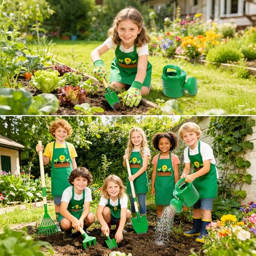 Garden Tools for Children, 10 Metal Garden Kit with Shovel, Rake, Fork, Work Gloves, Apron, Watering Can, Complete Garden Set for Kids, Outdoor Garden, Yard, Lawn (A)