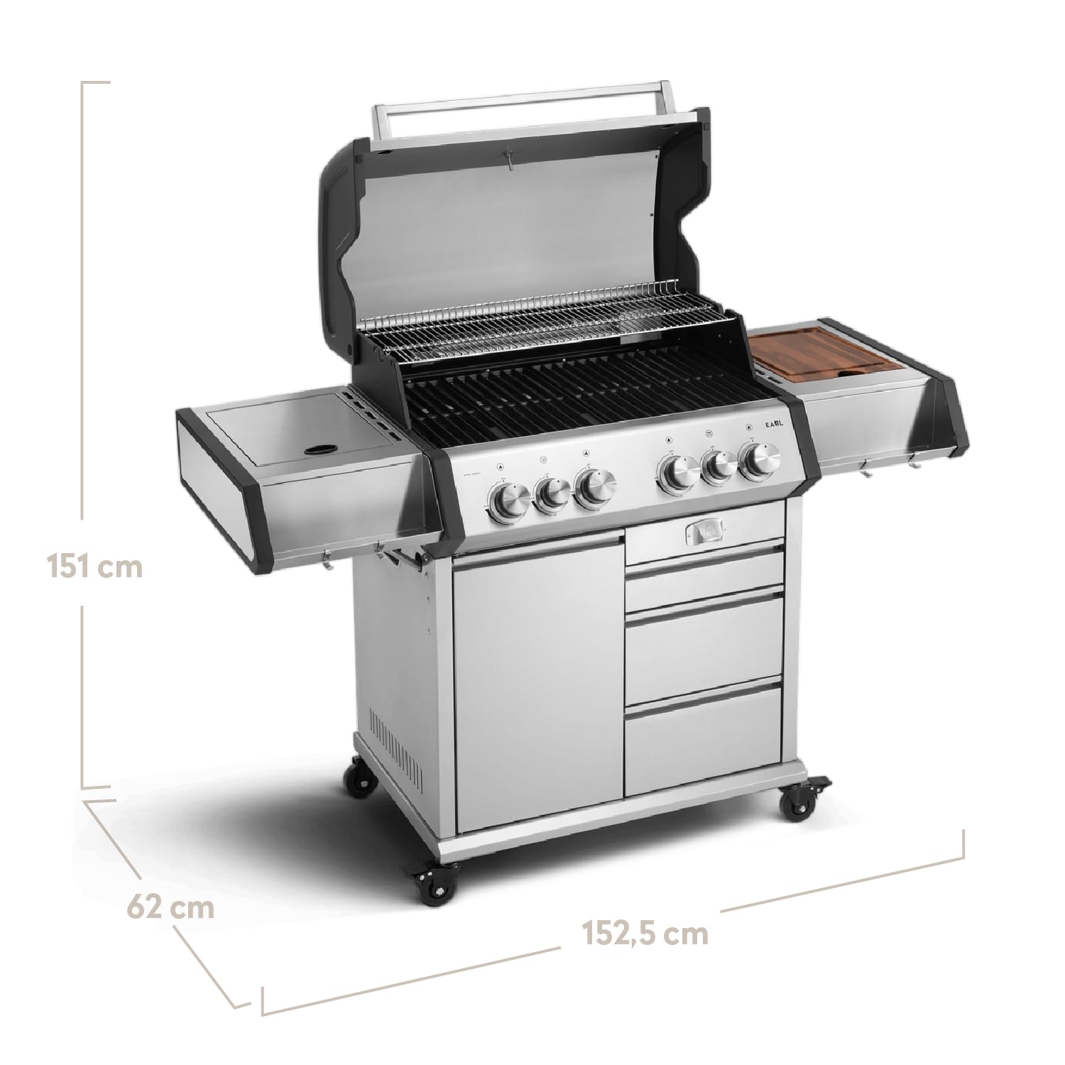 BURNHARD® 4-Brenner Gasgrill Edelstahl inkl. Heckbrenner, mit Gusseisen Grillrost & inkl. stabiler Abdeckhaube, Seitenkochfeld mit Infrarot Keramikbrenner - Big EARL 2