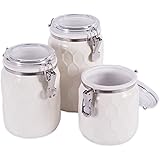 DII 3-Piece Modern Honeycomb Half Matte Glaze Ceramic Kitchen Canister Jar with Airtight Clamp Lid for Food Storage, Serve Coffee, Sugar, Tea, Spices and More, Cream