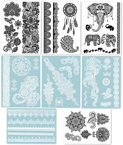 Hakuna 8 Sheets Temporary Tattoos - Over 40+ Henna Designs, Black&White Lace Style Body Art Stickers