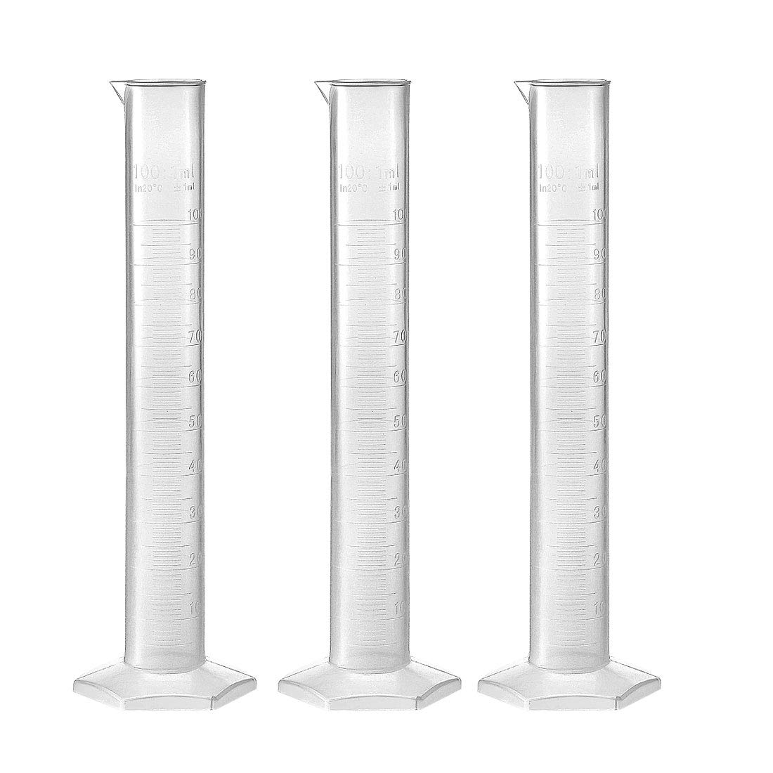 sourcing map Plastic Graduated Cylinder, 100ml Measuring Cylinder, Science Test Tube Beakers, Single Metric Scale, Clear Hex Base Flask for Lab Home 3pcs