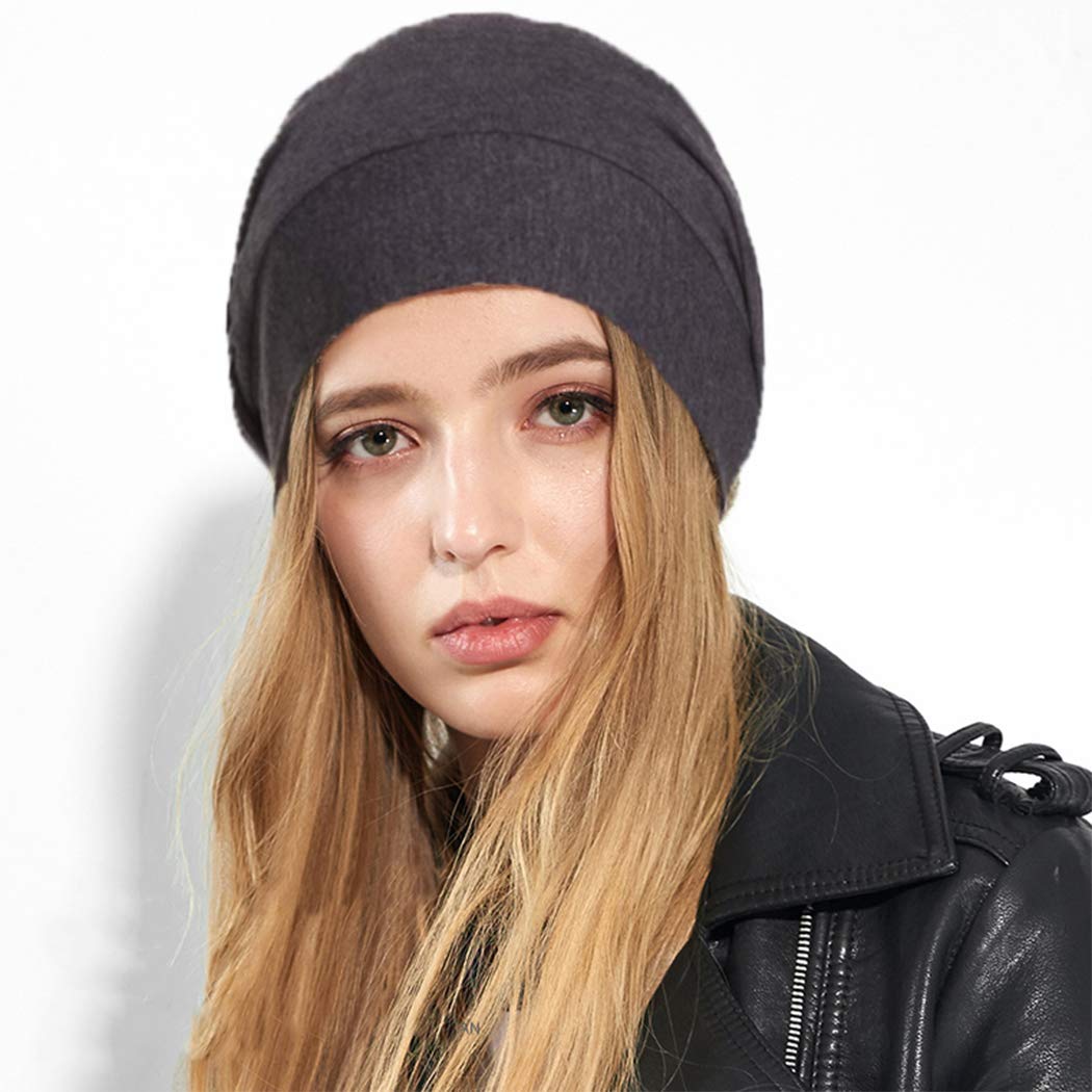 ELLEWIN Satin Lined Sleep Cap Frizzy Hair Slap Bonnet Baggy Slouchy Night Beanie Hat (A-Grey)