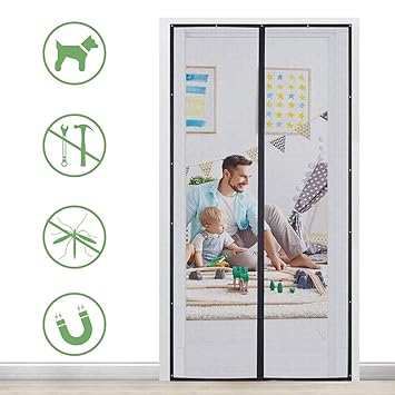 AMCER Screen Doors 41x86inch, Fiberglass Mesh Curtain, Hands Free Easy to Install, Transparent Hands Free Entry Great for Pet and Kid - Black