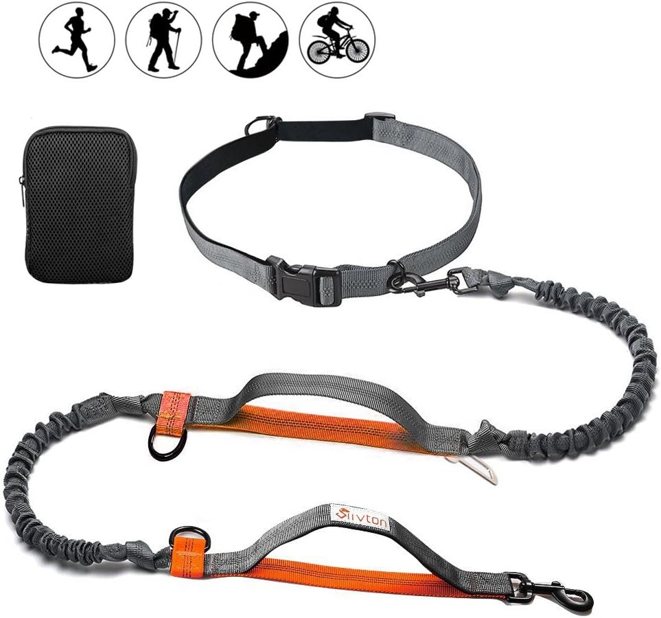 Running Dog Lead, 3 in 1 Heavy Duty Padded Dog Walking Belt W/Dual Handles, Adjustable Waist Belt, Car Seatbelt Clip, Reflective Double Bungee Leash For Hands Free Jogging with Dogs