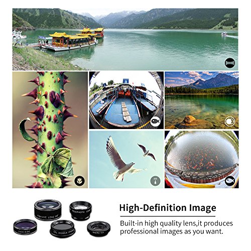 Phone lens 5 in 1 GUANZHI HD Camera Lens Kit 198 Degree Fisheye Lens/0.63x Wide Angle/15x Macro Lens/2X Telephoto Lens/CPL Lens for iPhone X/8/7/6/6s Plus/5s SE Samsung Galaxy S7/S7 E(5 in 1 Lens Kit)