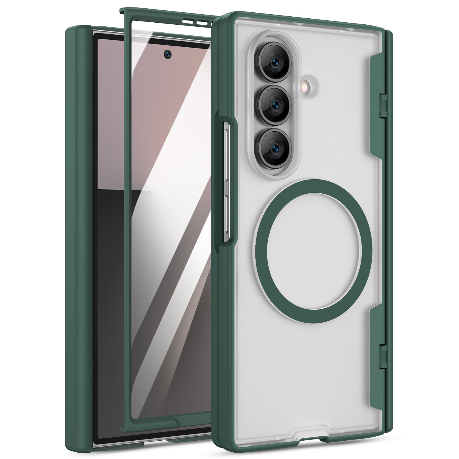 Maxdara for Galaxy Z Fold 7 Magnetic Case, [Compatible with Magsafe] [Hinge Protection] [Built-in Screen Protector] Translucent Shockproof Hard PC Cover for Samsung Galaxy Z Fold 7 (Green)