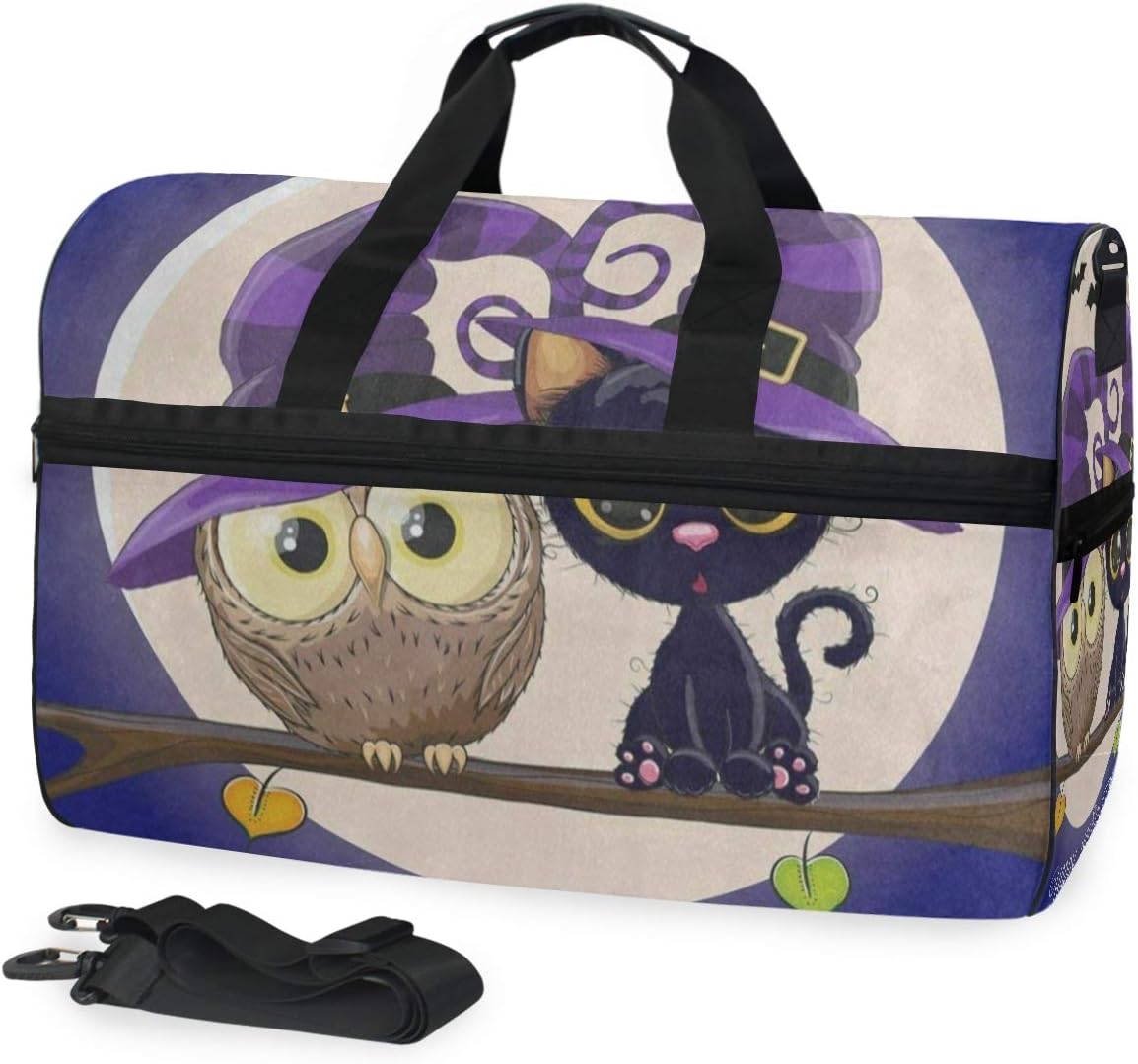 Happy Halloween Cartoon Cat Owl Full Moon Gym Bags for Men&Women Duffel Bag Overnight Yoga Bag with Shoe Compartment