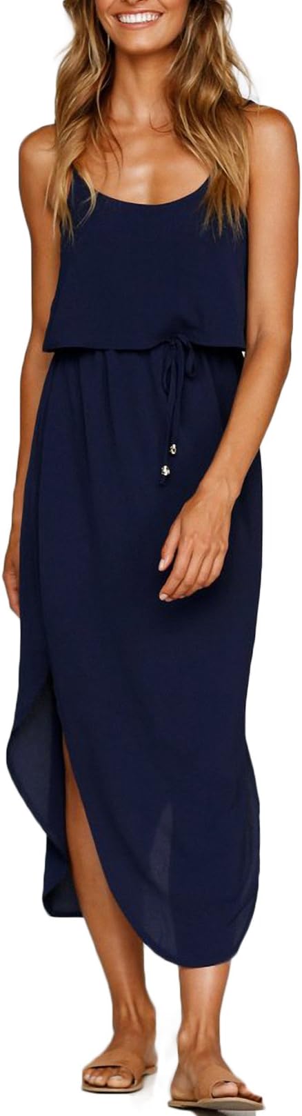 Women's Adjustable Strappy Split Summer Beach Casual Midi Dress