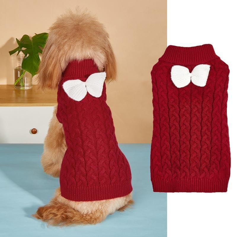 Yanmucy Dog Turtleneck Sweater with Bow for Small Medium Large Dogs Cats, Warm Winter Knit Jumper Coat, Christmas Costume (Red, S)