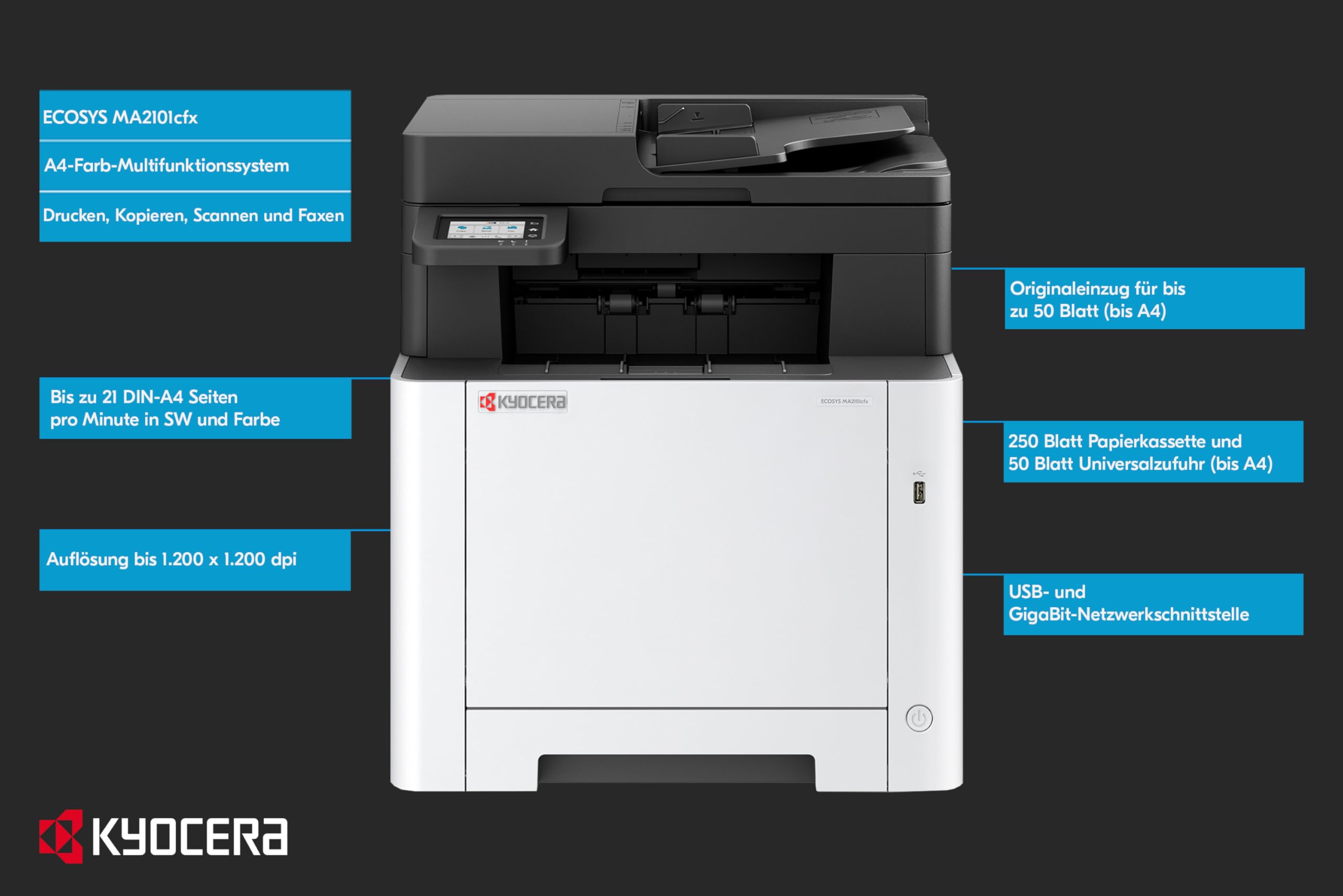 Kyocera Ecosys MA2101cfx Farblaserdrucker Multifunktionsgerät. Drucker Scanner Kopierer, Faxgerät. Multifunktionsdrucker inkl. LAN, USB 2.0 und Mobile-Print-Funktion 2