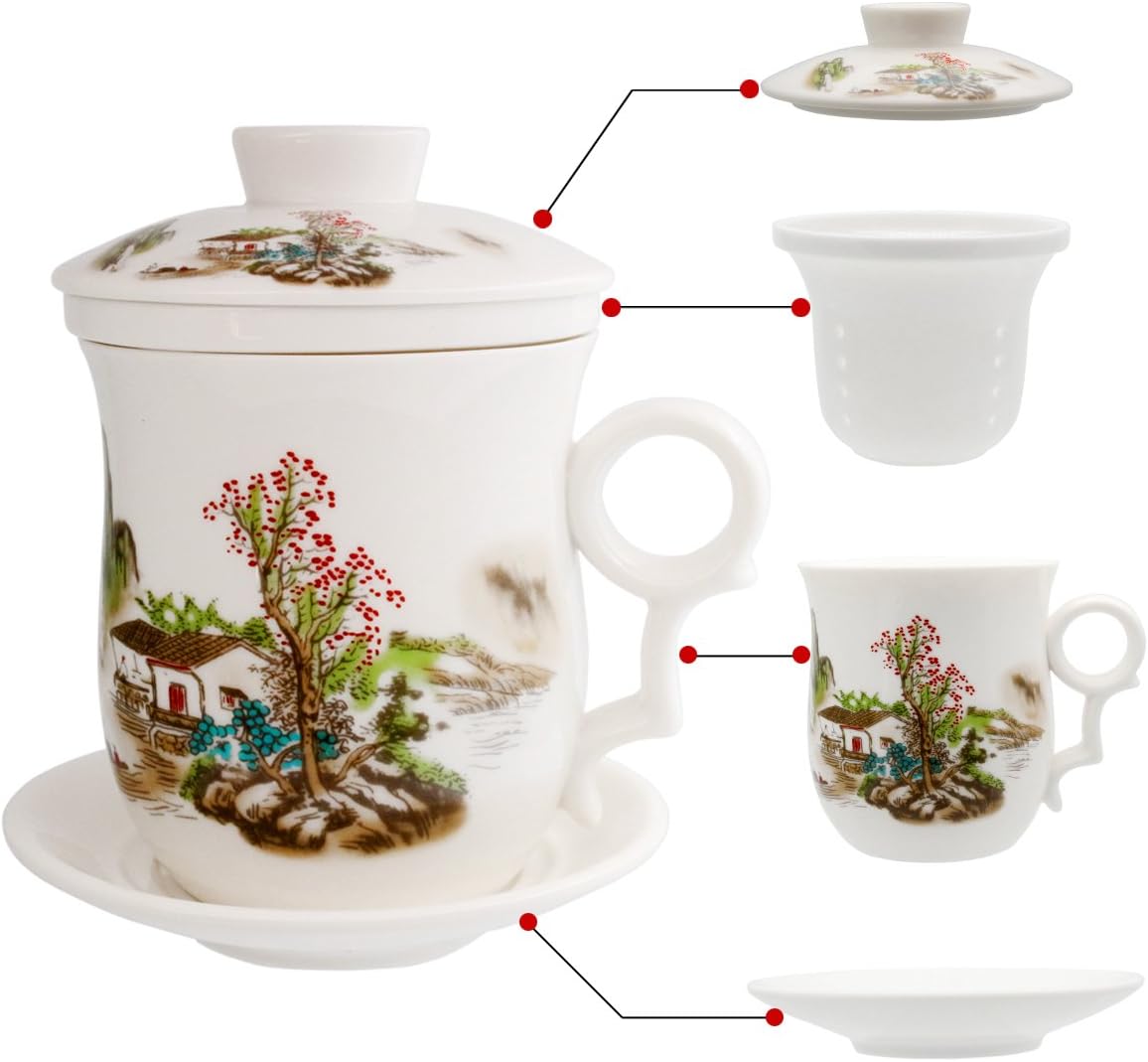HOLLIHI Porcelain Tea Cup with Lid and Saucer Infuser Sets - Chinese Jingdezhen Ceramics Coffee Mug Teacup Loose Leaf Tea Brewing System for Home Office