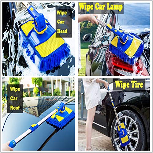 Car Wash Brush Kit Portable Car Washing Cleaning Mop 360° Rotation Ultra Plush Telescopic Chenille Car Wash Brush with Long Handle Microfiber Car Drying Towels Super Absorbent