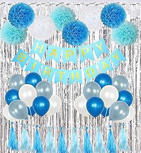 Image of Birthday Party Decorations Kit Boy Supplies with Banner, Balloons, Pom Poms Flowers, Foil Fringe Curtain, Paper Tassels in Blue
