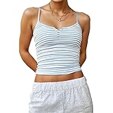 Cioatin Women Cute Sleeveless Striped Print Button Up Crop Cami Y2K Spaghetti Straps Backless Tank Shirt Going Out Tops