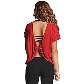 Mippo Womens Open Back Workout Tops Loose Short Sleeve Athletic Gym T Shirts