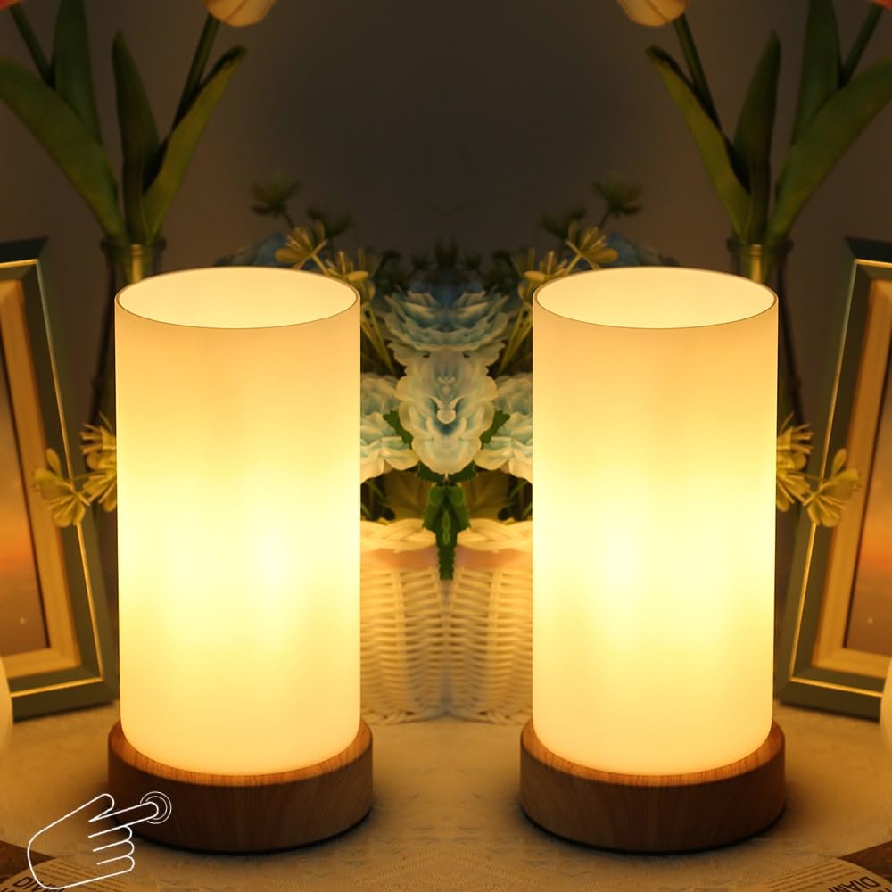 HSLighting Bedside Lamp Touch Control Table Lamp with Wooden Base Milky Glass Shade 3-Level Dimmable LED Light Bulbs Desk Lamp Minimalist for Bedroom Living Room Children's Room Round, 2 Pack