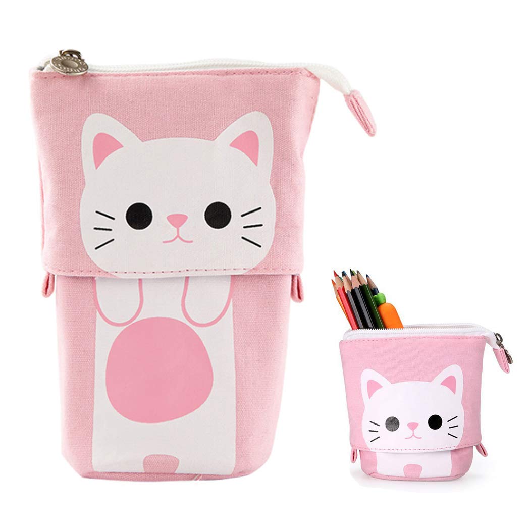 Hillento Telescopic Pencil Bags, Pencil Stand Holder, Telescopic Cat Pencil Case Canvas Pen Organizer Stationery Pouch Bag, Small Cosmetics Bag with Zipper, Pink