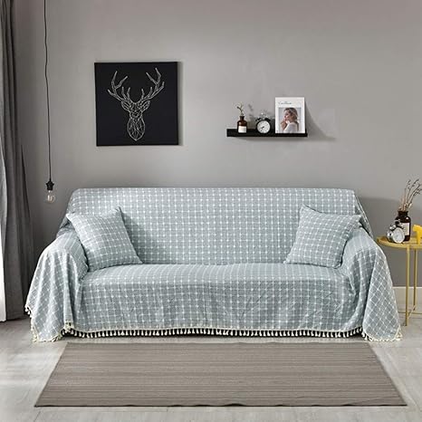 Amazon 亜麻 ベッド ソファーカバー マチルカバー 無地 チェック柄 2人掛け 3人掛け フリンジ すべり止め カウチ保護 かけ布 毛布 雑貨 防汚 防塵 テーブルクロス 簡単着脱 四季通用 ブルー 0cm ソファカバー マルチカバー オンライン通販
