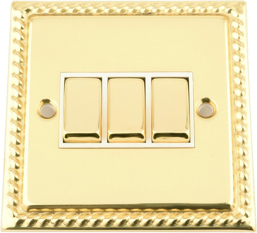 Light Switch 3 Gang Polished Brass White Insert Metal
