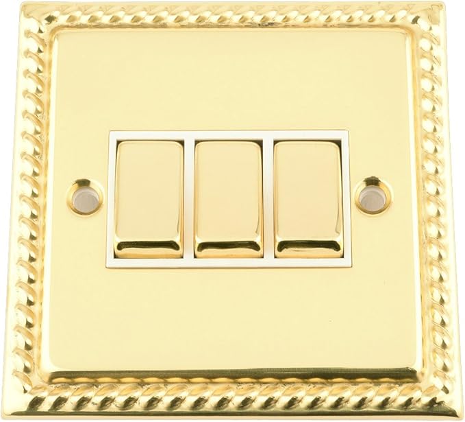 Light Switch 3 Gang Polished Brass White Insert Metal