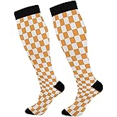 Pigsaly Orange White Squares Plaid Women's Compression Socks Checkered Lattice Athletic Tube Sock Unisex Casual Knee High Socks Outdoor Sport Socks For Running Hiking Travel