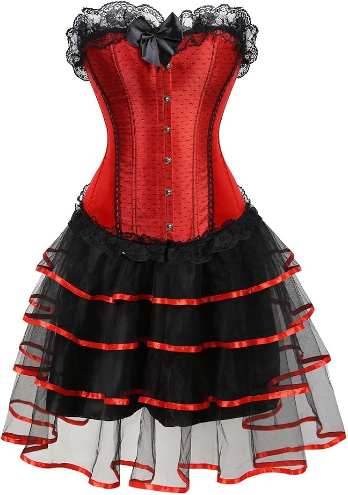 Grebrafan Conjunto Corsé Satén Corset de Encaje con Falda De Tul