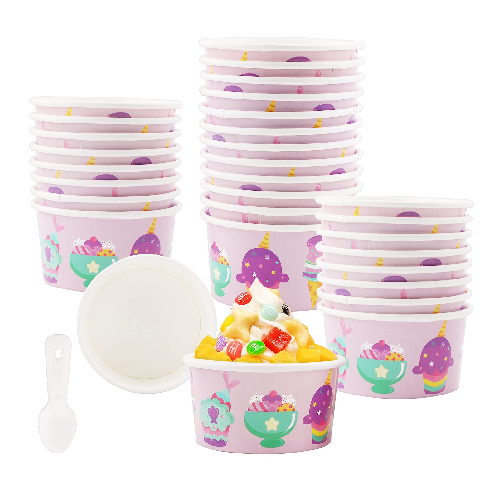 GLAITC 50-Pack Pink Round Ice Cream Bowls with Spoons, 125ml Capacity, Paper Material, Country Style, Ideal for Ice Cream, Yogurt, Desserts, Restaurants, Dinners, Bakeries, Offices