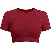 VOYJOY Women Impact Crop Top Raglan Shoulder Cut Seamless Short Sleeves Tops Lightweight Crop Fit Workout Gym Yoga T Shirts