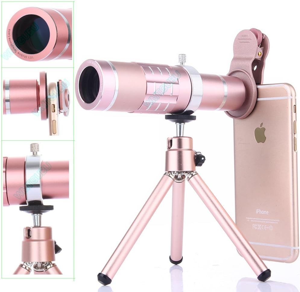 Camera Lens Kit,WMTGUBU 4 in 1 HD Universal Clip-On Phone 18X Optical Zoom Telephoto Lens+15X Super Macro Lens+0.6X Wide Angle Lens Tripod Phone Samsung Tablet PC Laptops (Rosegold)
