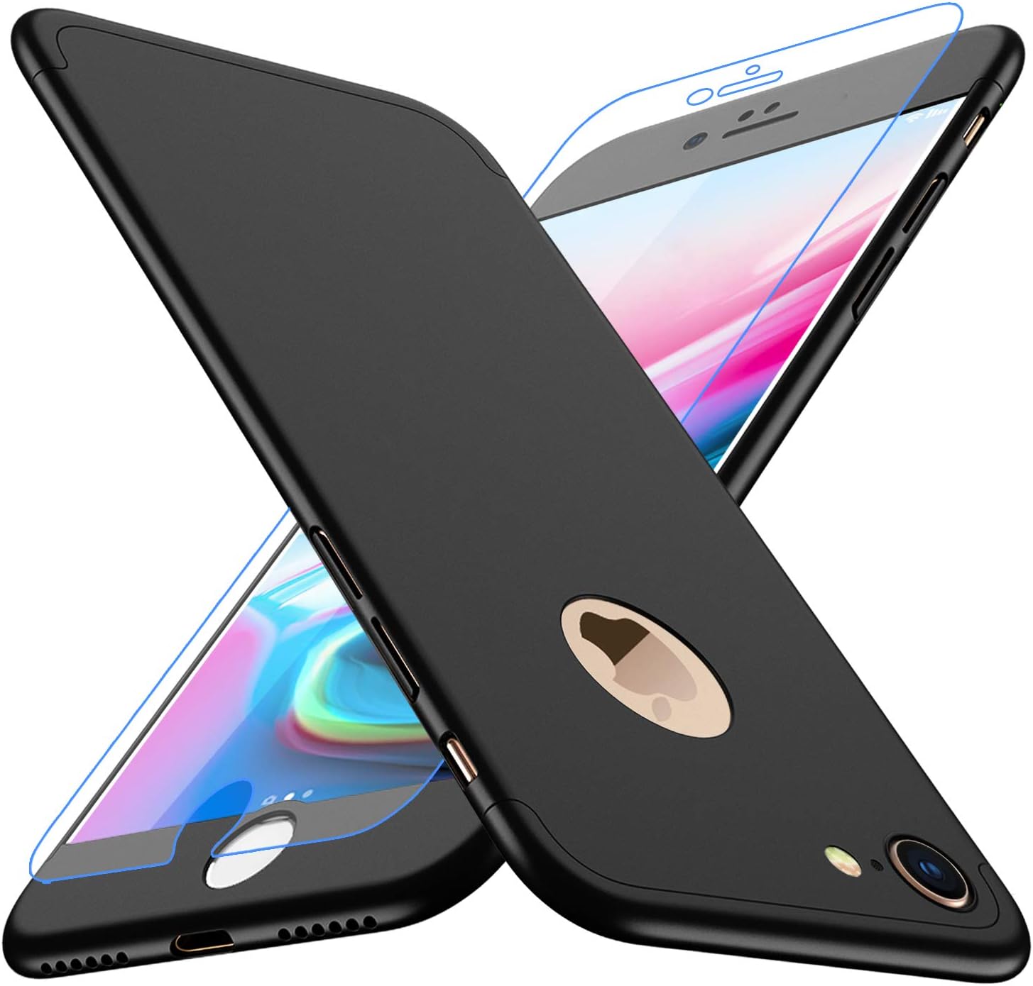 Losvick iPhone 7 Case, with [Tempered Glass Screen Protector] 360° Full Body Shockproof Ultra-Thin 3 in 1 Case,Anti-Scratch and Anti-Slip Hard PC Slim Cover for iPhone 7-4.7 inch - Black