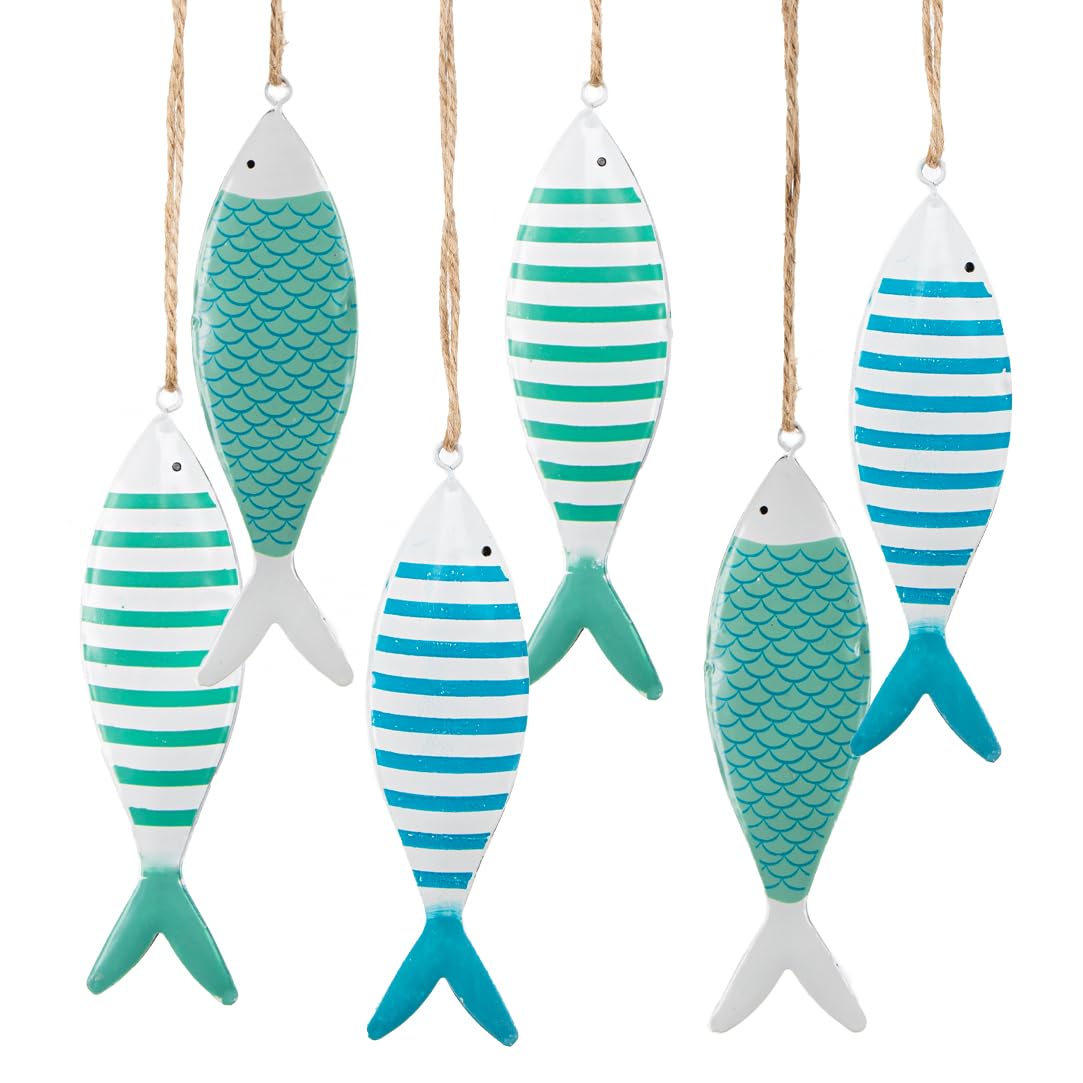 Metal Hanging Fish Set of 6: Sea Decorations with Natural Rope, Sea Decorations Bathroom Living Room Home Beach Summer Gift Marine Theme Marine Style 12 x 3.5 cm