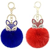 ZUOLUO Faux Rabbit Fur Ball Pom Pom Keychain with Fox Head Studded with Pearl Rhinestone for Womens Bag Car Key Decoration