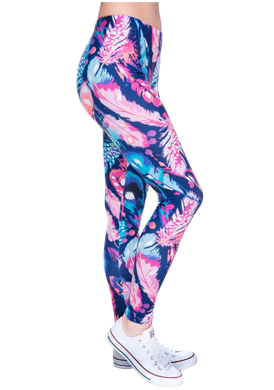 Ayliss Printed Brushed Leggings Regular or Plus Size Stretchy Capirs 22Pattern,Blue Feathers,XS-M