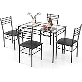 Giantex 5 Piece Dining Table Set, Kitchen Dining Set with Tempered Glass Table Top and 4 Upholstered Chairs, Dinette Set for 4 for Breakfast Nook Dining Room Kitchen (Black)