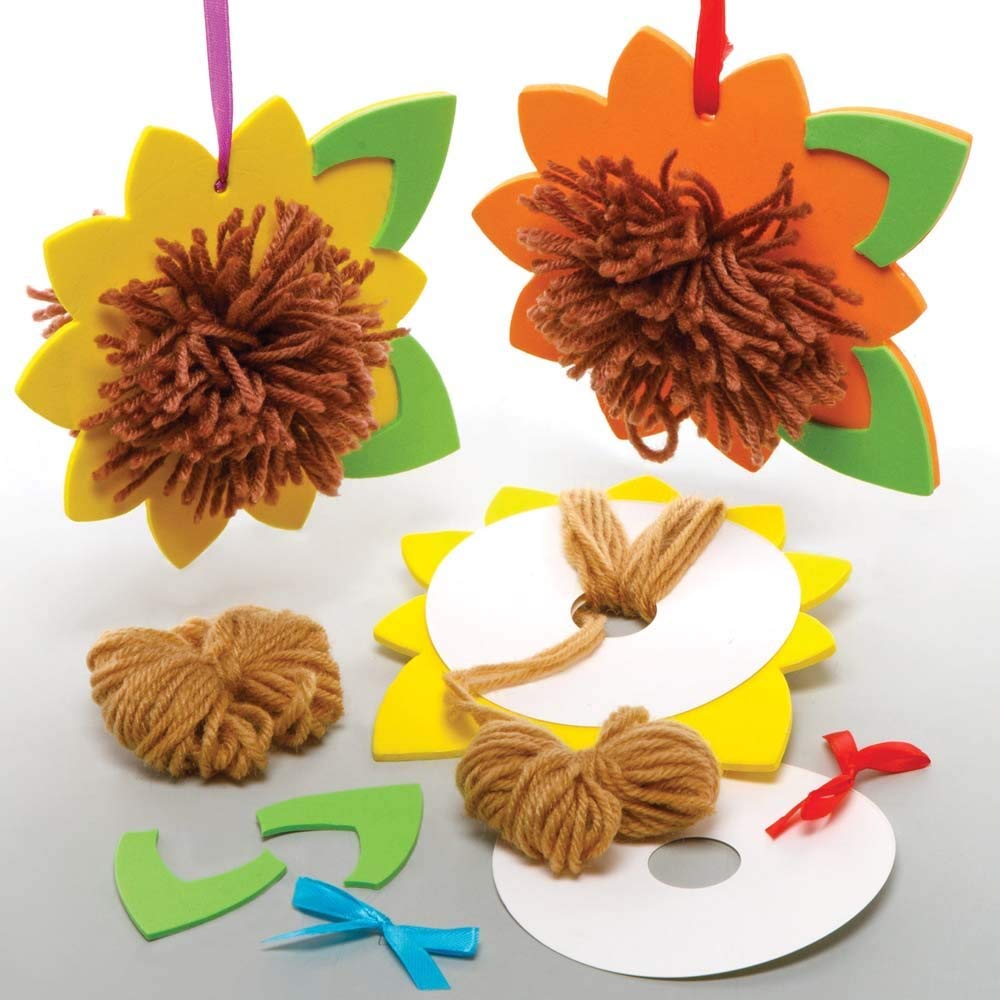 Baker Ross FE194 Sunflower Craft Pom Pom Kits - Pack of 3, Childrens Art Make Your Own Fluffy Pom Friend