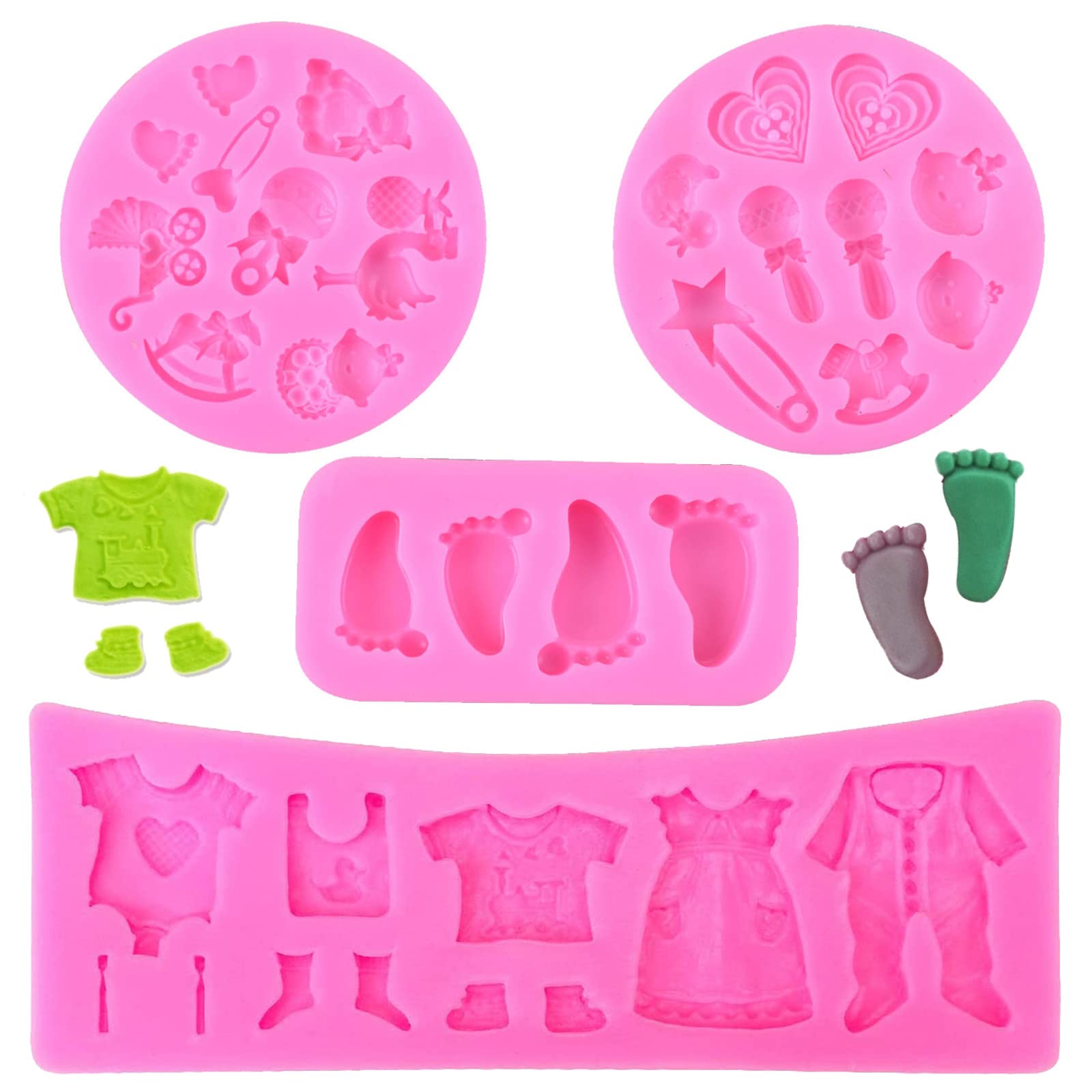 SZQIUNUBI Baby Shower Silicone Mould Set 4 Pieces Baby Baptism Fondant Mould Baby Silicone Cake Mould Set Baby Clothes Molds Gummy Sugar Candy for Baby Shower Baptism Fudge Chocolate Cake, Pink