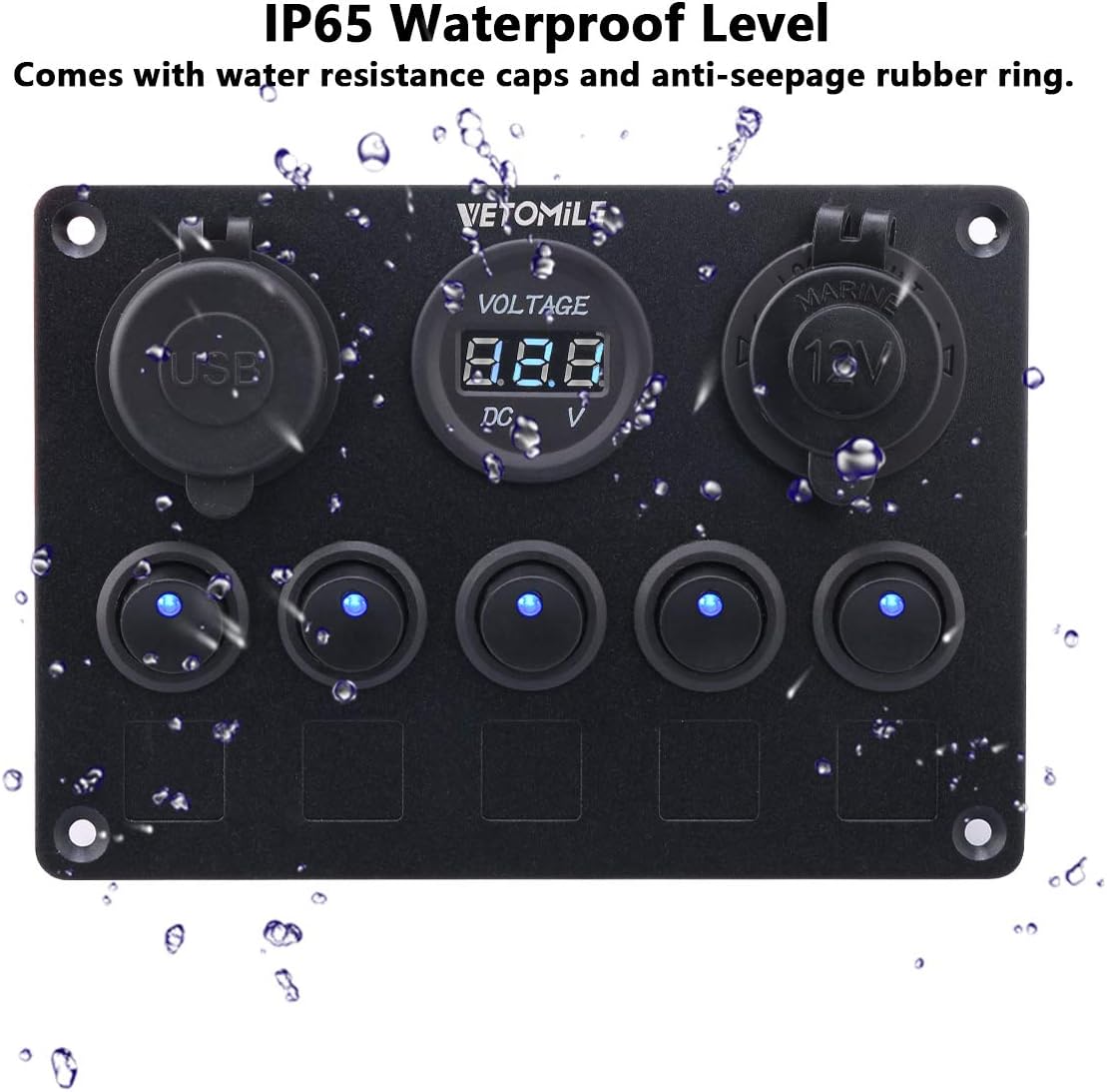 VETOMILE Boat Marin Rocker Switch Panel Waterproof 3 Pin 5 Gang Marine Fuse Digital Voltage Display Dual 5V/2.1A USB Charger Cigarette Lighter Socket 12V-24V for Car Truck: Automotive