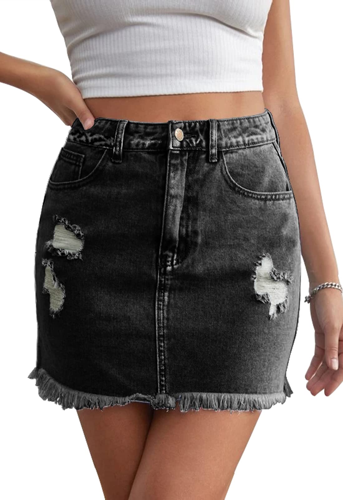 Photo 1 of HERBATOMIA Women’s Black Jean Mini Skirt High Waist Casual Bodycon Washed Frayed Stretchy Denim Pencil Skirts with Pocket for Women - XL