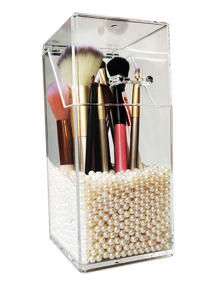 Makeup Brush Holder with Cover，Cosmetic Brush Organizer，Dustproof Storage for Brushes and Cosmetics with Free Pearls (White)