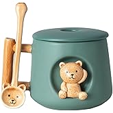 DIHOclub Ceramic Coffee Mug with Lid and Matching Spoon,Novelty 3D Bear Pattern Mug 14 Ounces (Geeen)